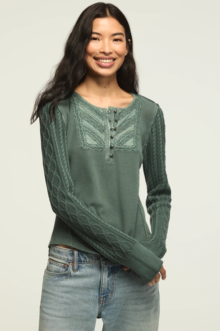 PINTUCK SWEATER MIX HENLEY, image 2