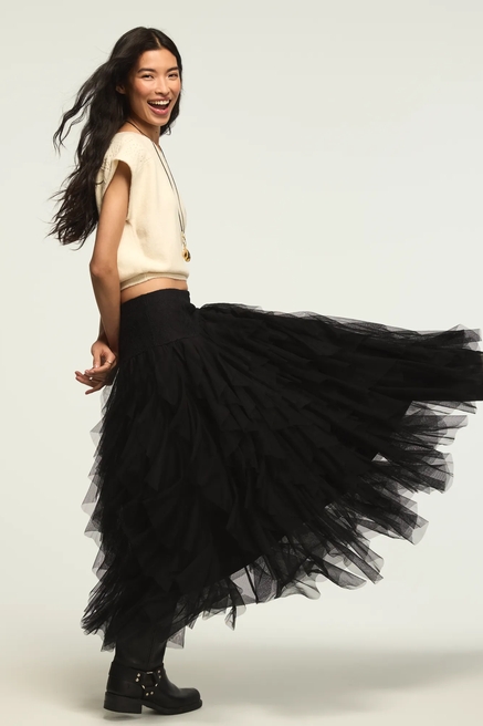 LACE YOKE RUFFLE MAXI SKIRT, image 1