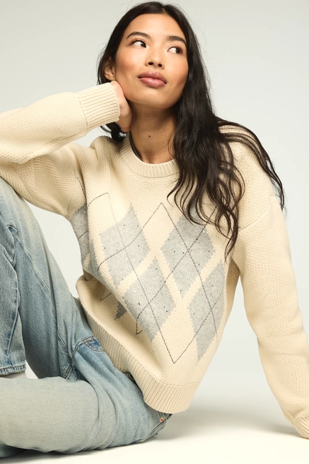 ARGYLE SEQUIN CREW SWEATER, image 1
