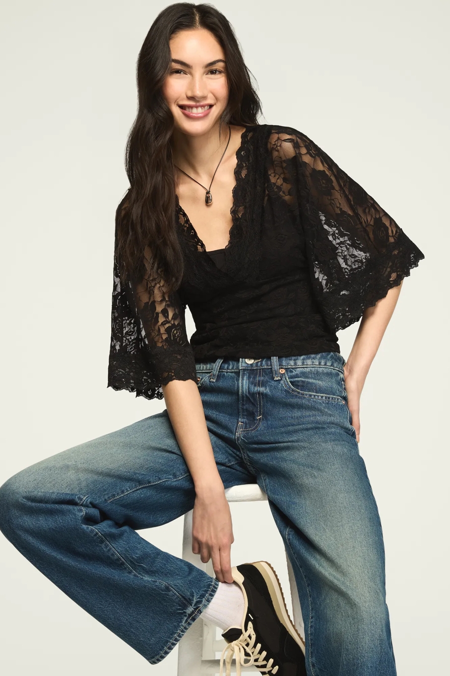 LACE V-NECK  BELL SLEEVE TOP, image 2