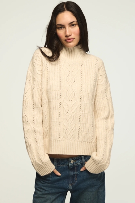 OPEN CABLE MOCK NECK SWEATER, image 1