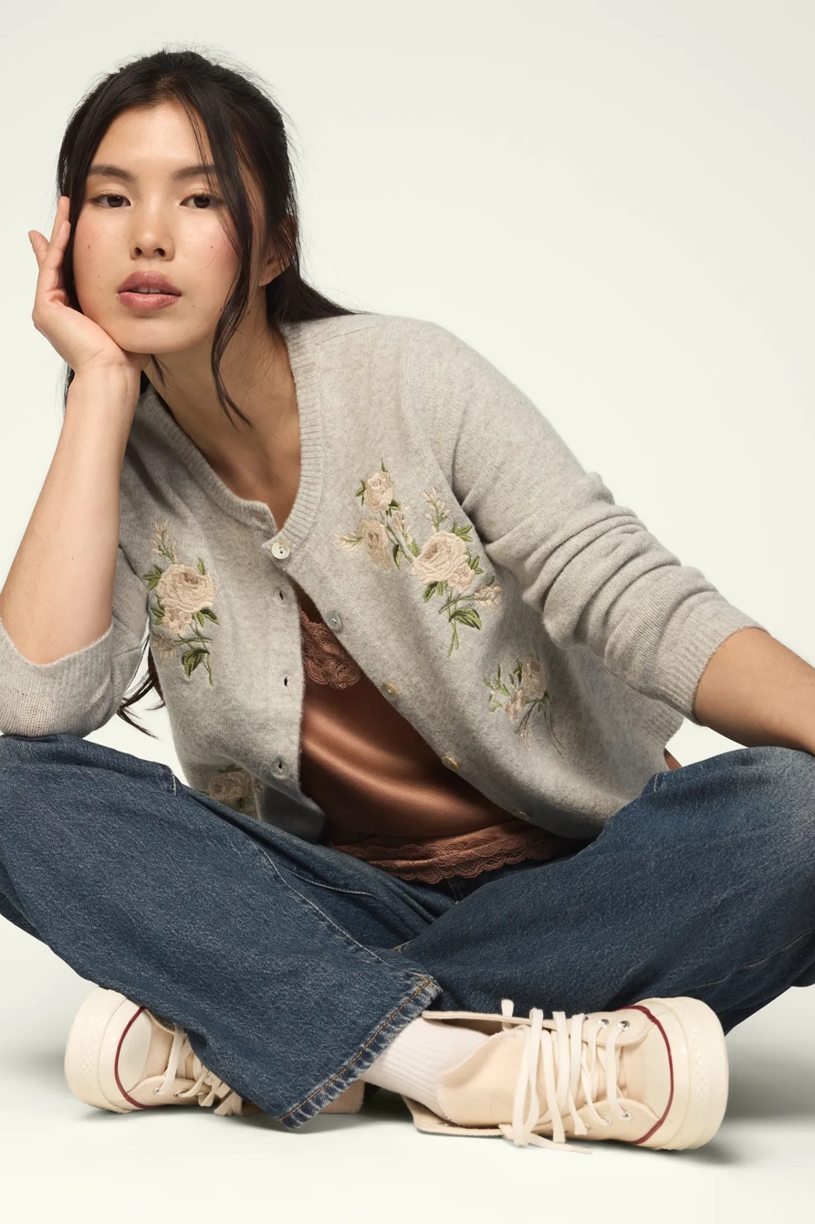 FLORAL EMBROIDERED HEATHERED CARDIGAN, image 2