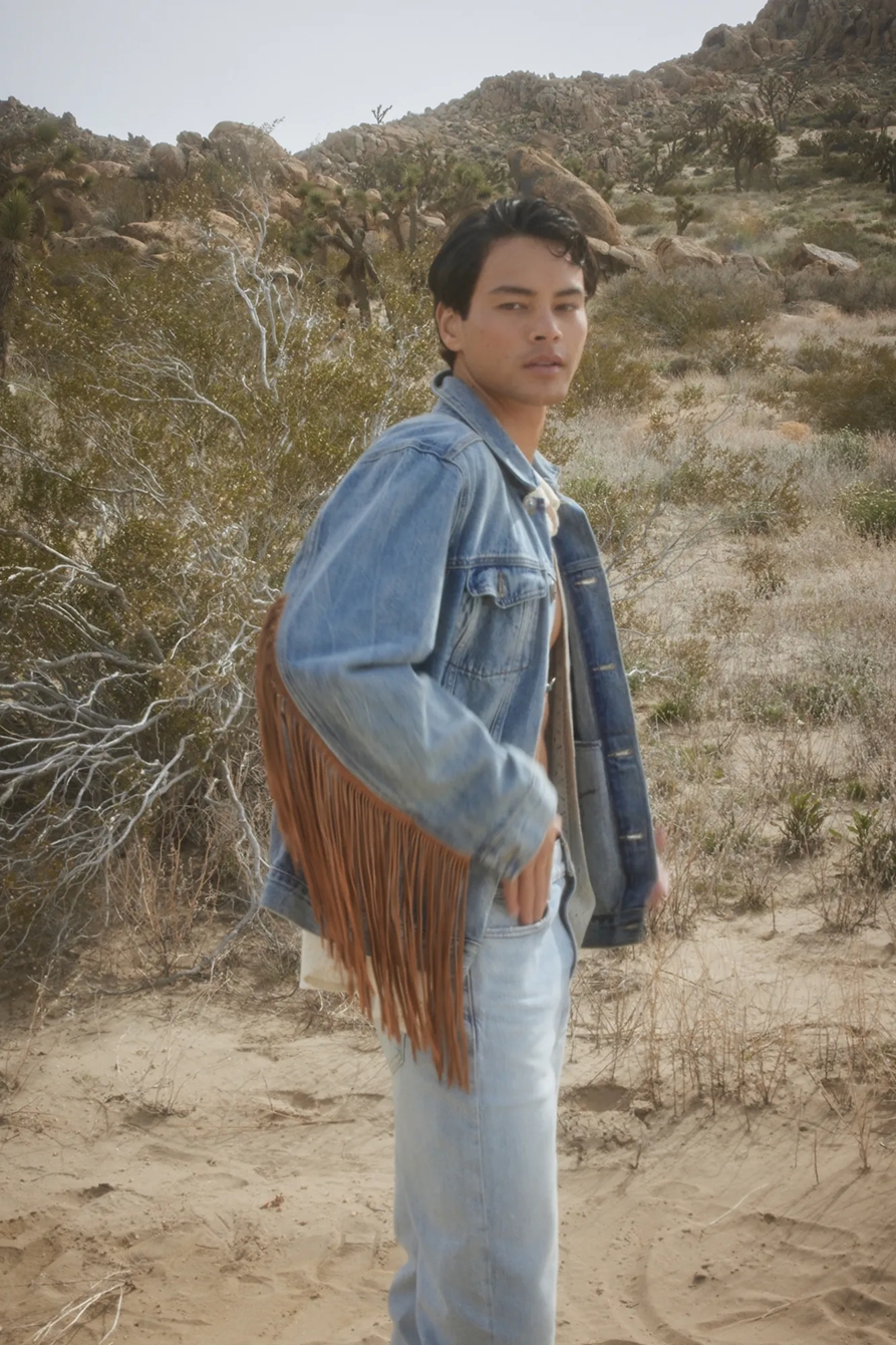 Lucky Upcycled Men's Fringe Sleeve Denim Jacket, image 1