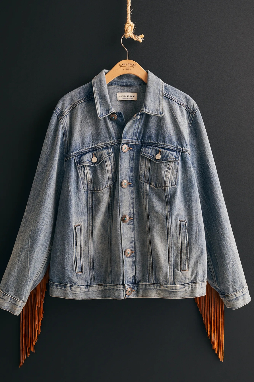 Lucky Upcycled Men's Fringe Sleeve Denim Jacket, image 2