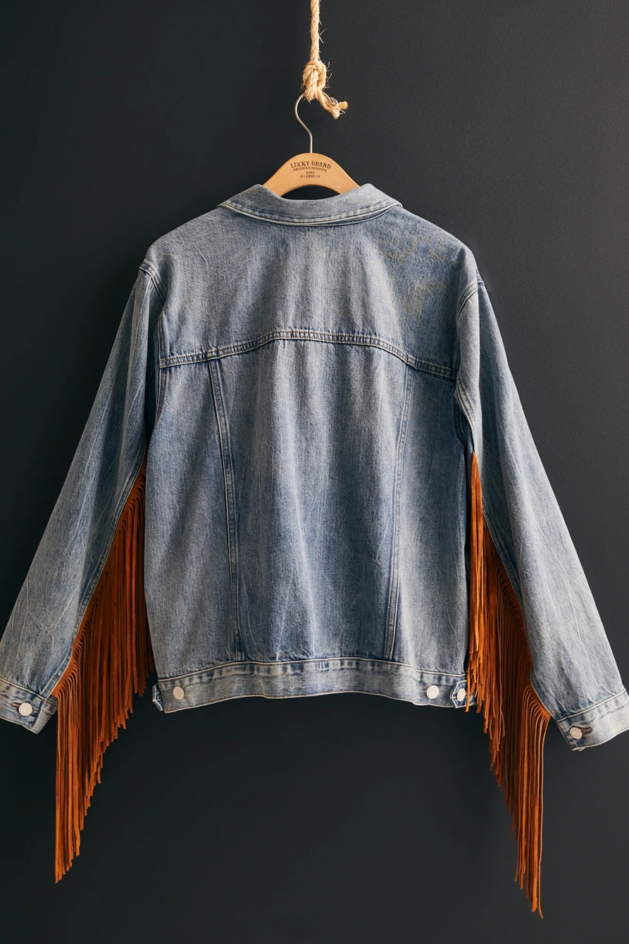 Lucky Upcycled Men's Fringe Sleeve Denim Jacket, image 3