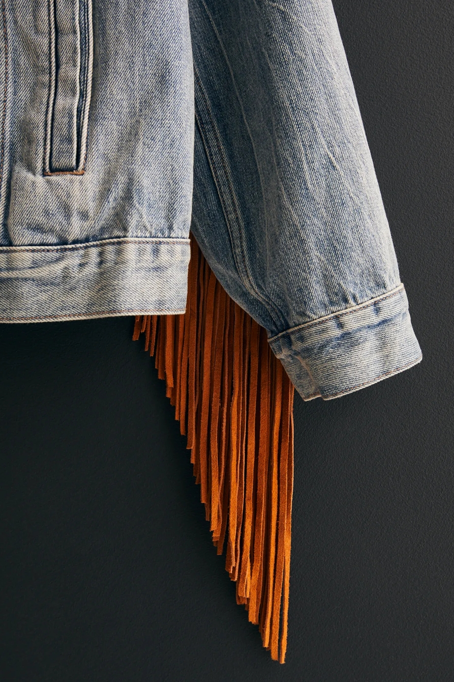 Lucky Upcycled Men's Fringe Sleeve Denim Jacket, image 5