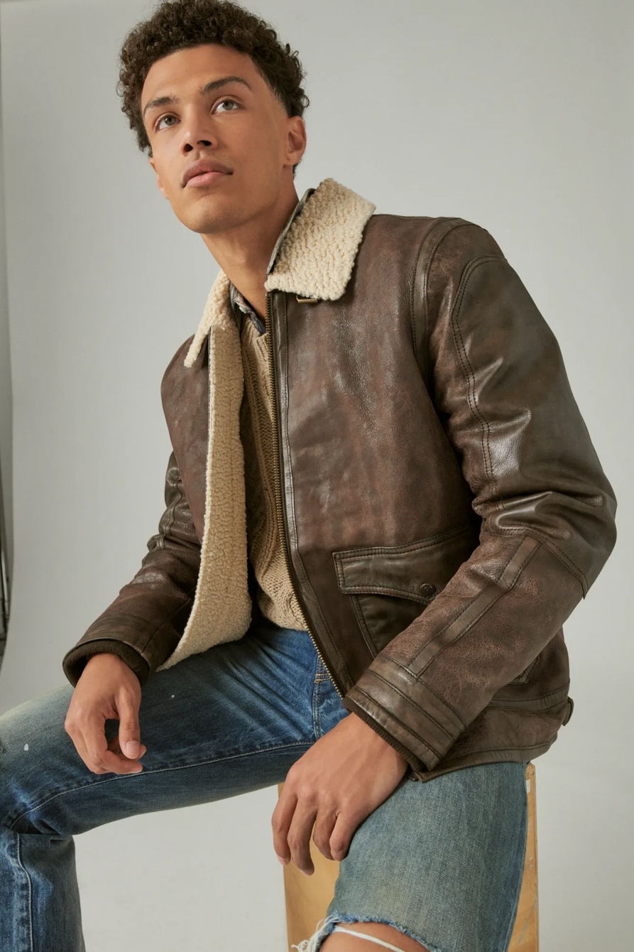 LEATHER AVIATOR JACKET WITH FAUX SHEARLING COLLAR, image 1