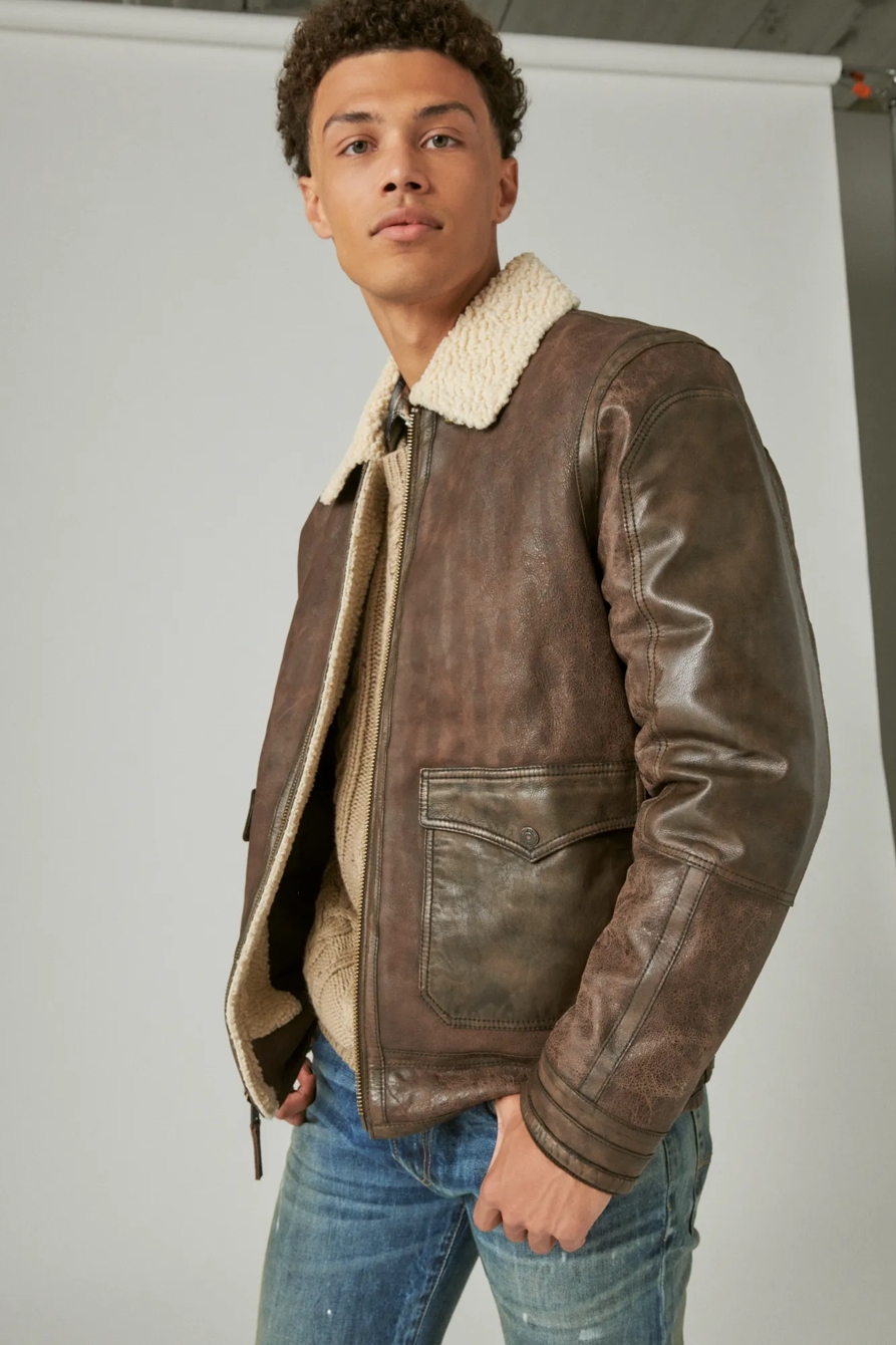 LEATHER AVIATOR JACKET WITH FAUX SHEARLING COLLAR, image 2