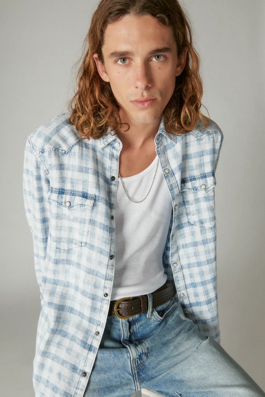 INDIGO LINEN PLAID WESTERN LONG SLEEVE SHIRT, image 1