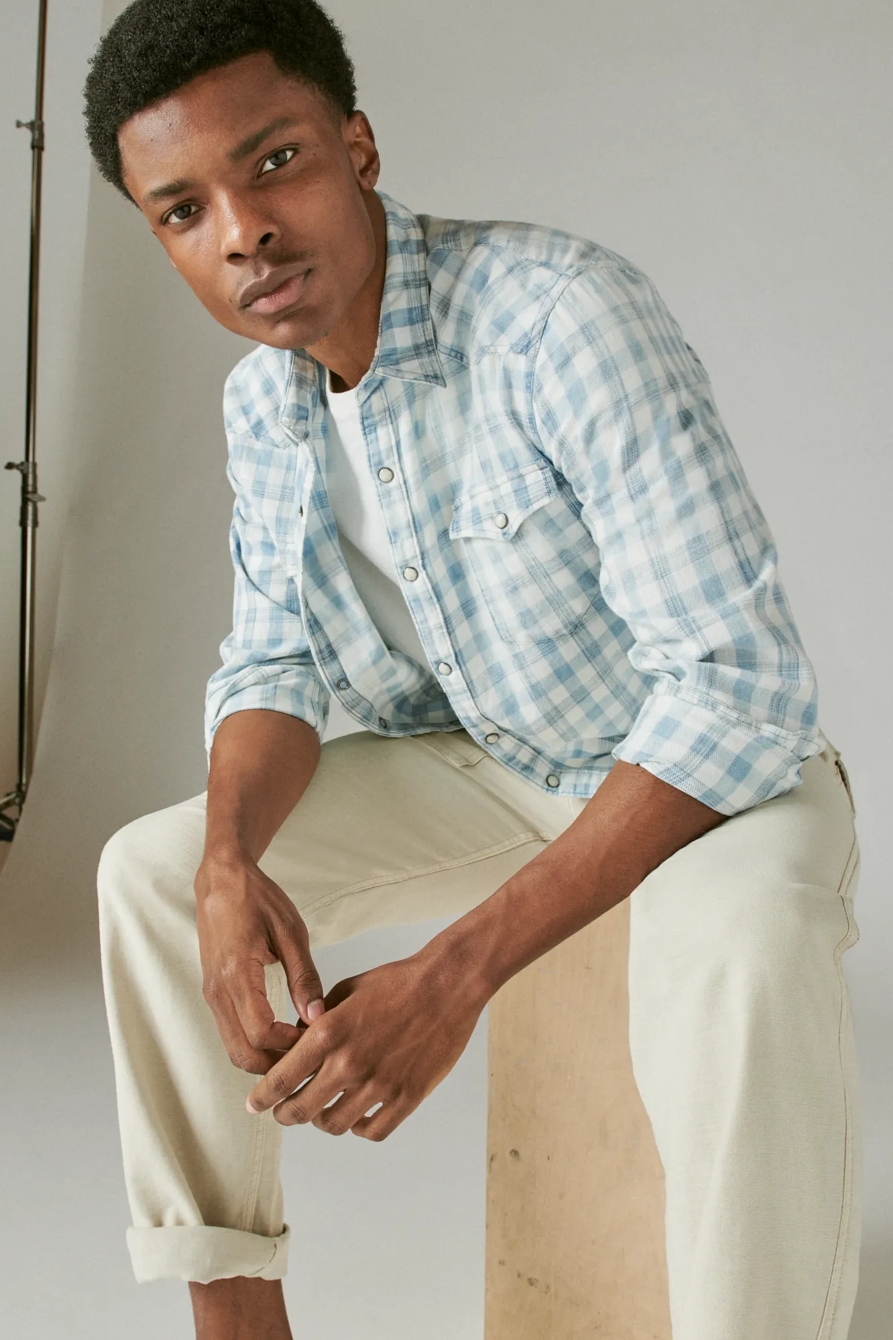 INDIGO LINEN PLAID WESTERN LONG SLEEVE SHIRT, image 1