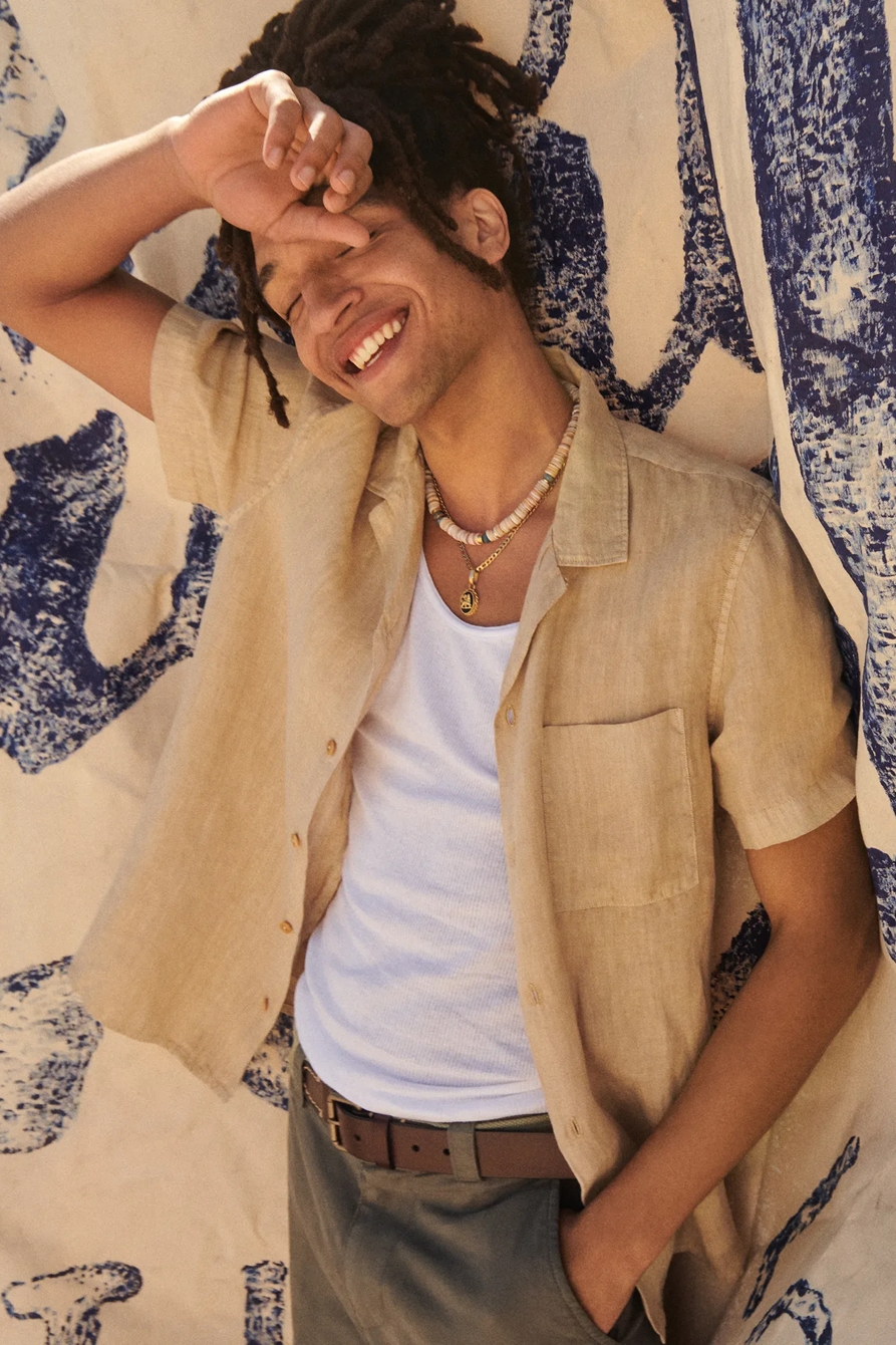 SOLID LINEN SHORT SLEEVE CAMP COLLAR SHIRT, image 1