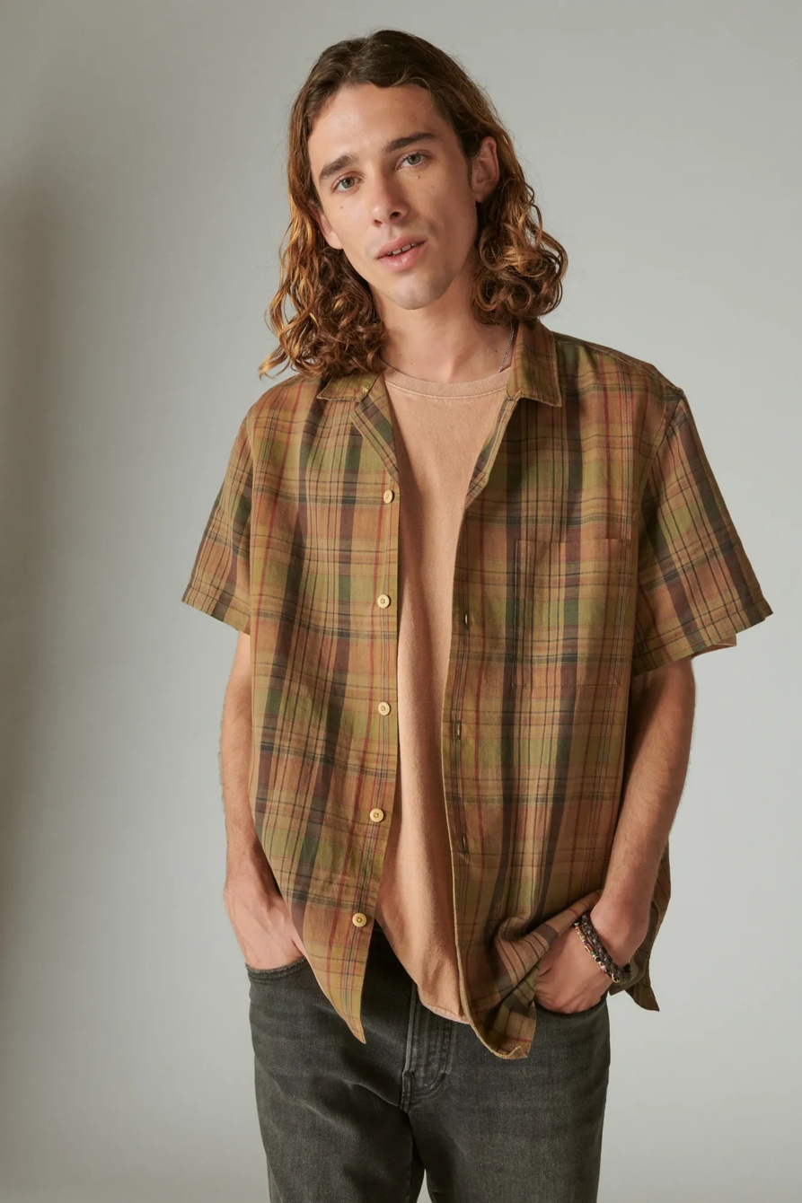 LINEN MADRAS PLAID SHORT SLEEVE CAMP COLLAR SHIRT, image 1