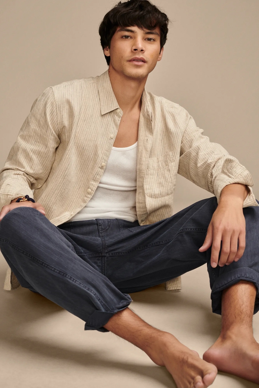 RAILROAD STRIPE LINEN ONE POCKET LONG SLEEVE SHIRT, image 1