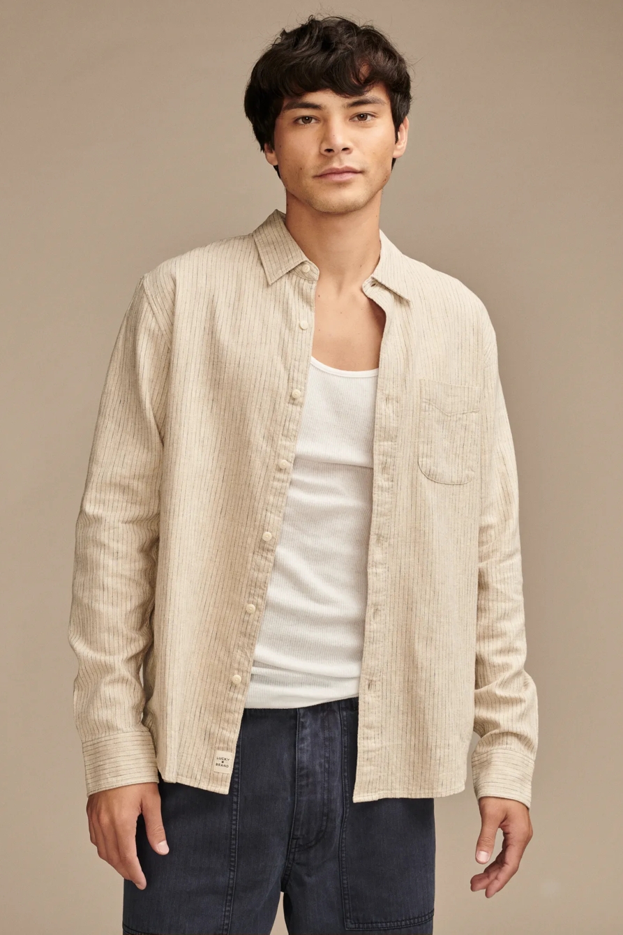 RAILROAD STRIPE LINEN ONE POCKET LONG SLEEVE SHIRT, image 2