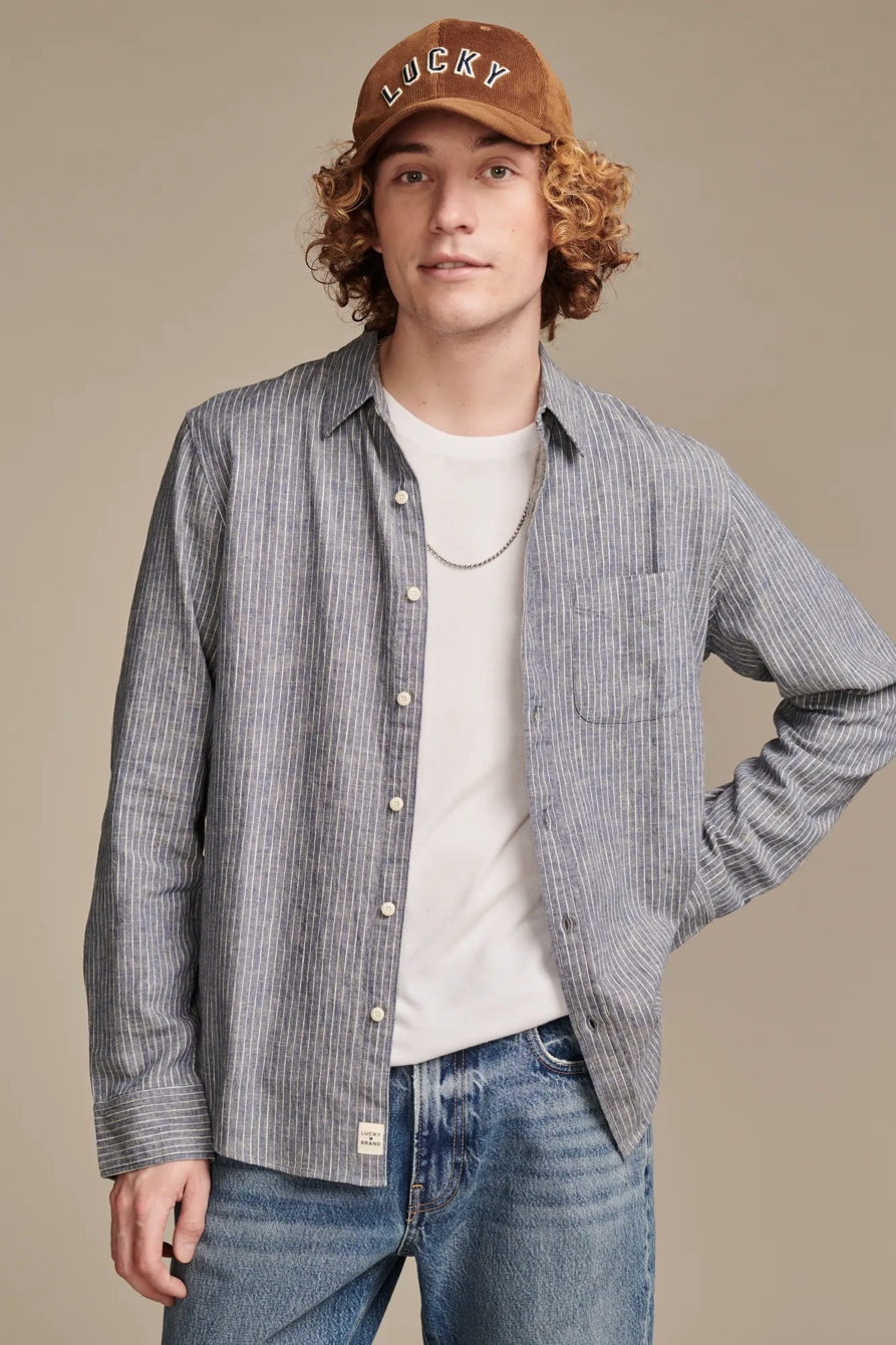 RAILROAD STRIPE LINEN ONE POCKET LONG SLEEVE SHIRT, image 1