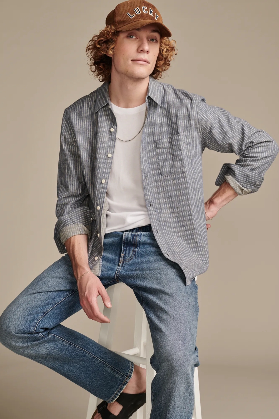 RAILROAD STRIPE LINEN ONE POCKET LONG SLEEVE SHIRT, image 2