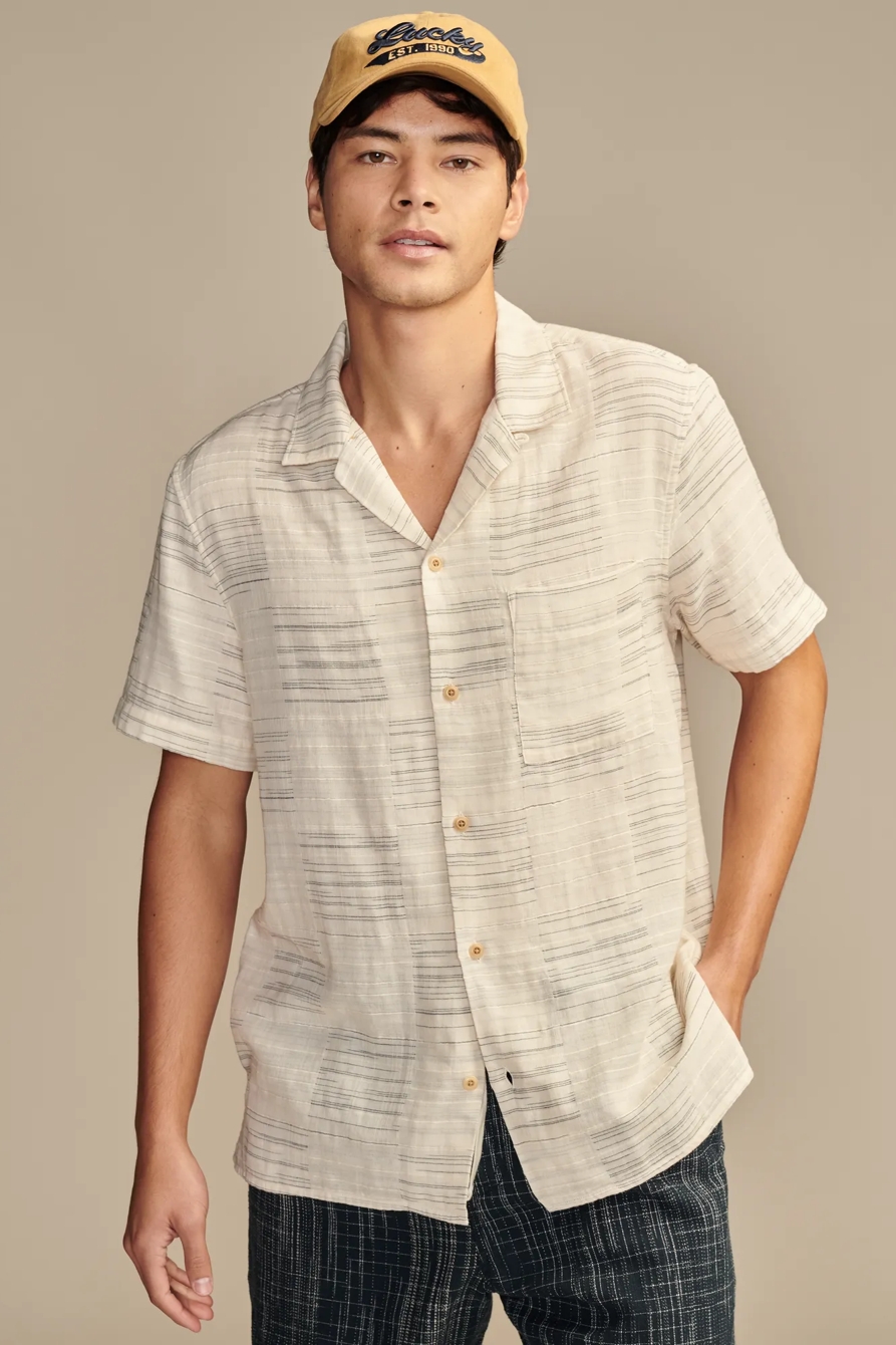 PATCHWORK DOUBLE WEAVE SHORT SLEEVE CAMP COLLAR SHIRT, image 1