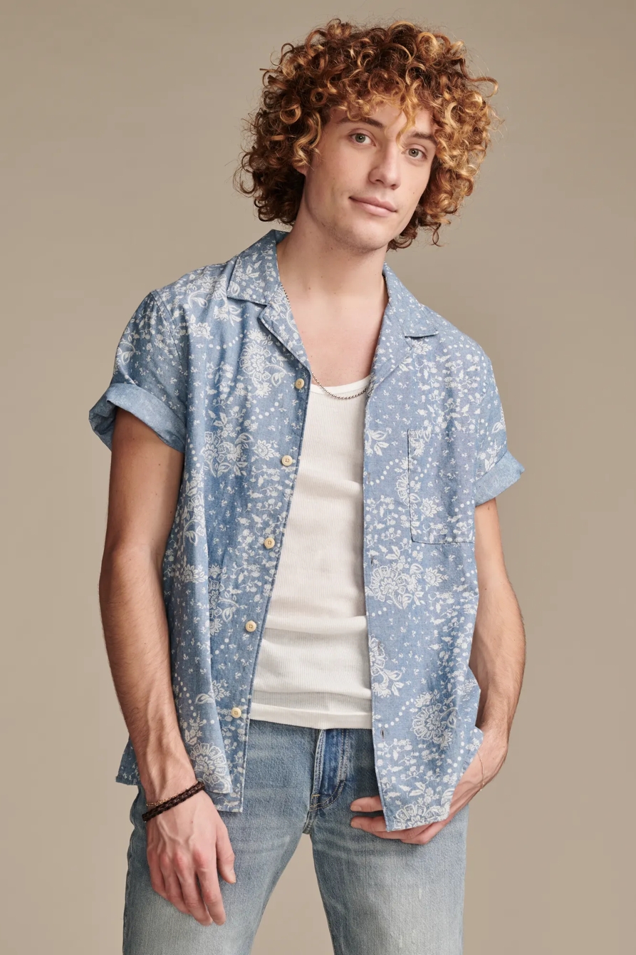 PRINTED CHAMBRAY CAMP COLLAR SHORT SLEEVE SHIRT, image 1