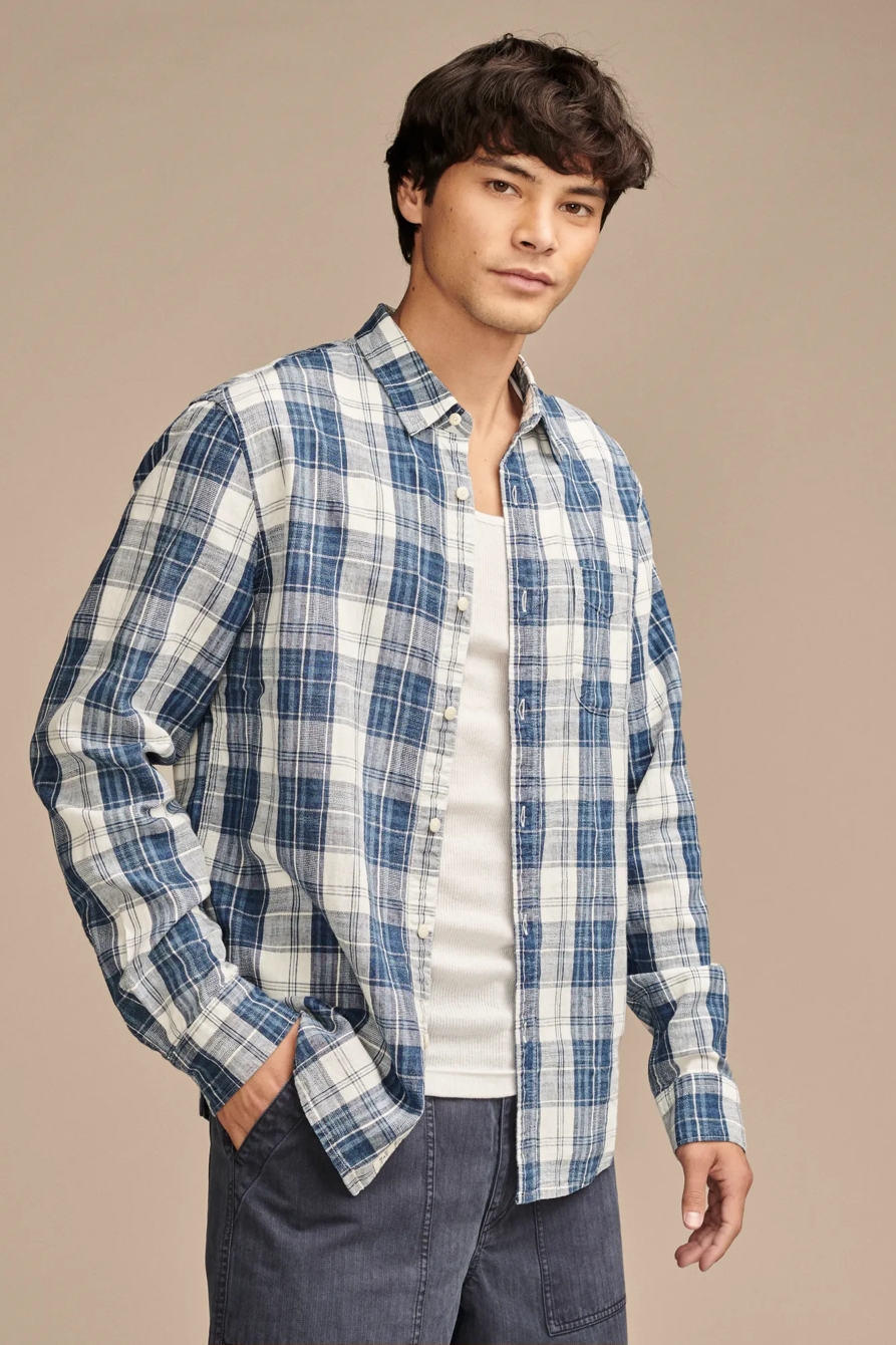 INDIGO LINEN PLAID ONE POCKET LONG SLEEVE SHIRT, image 1