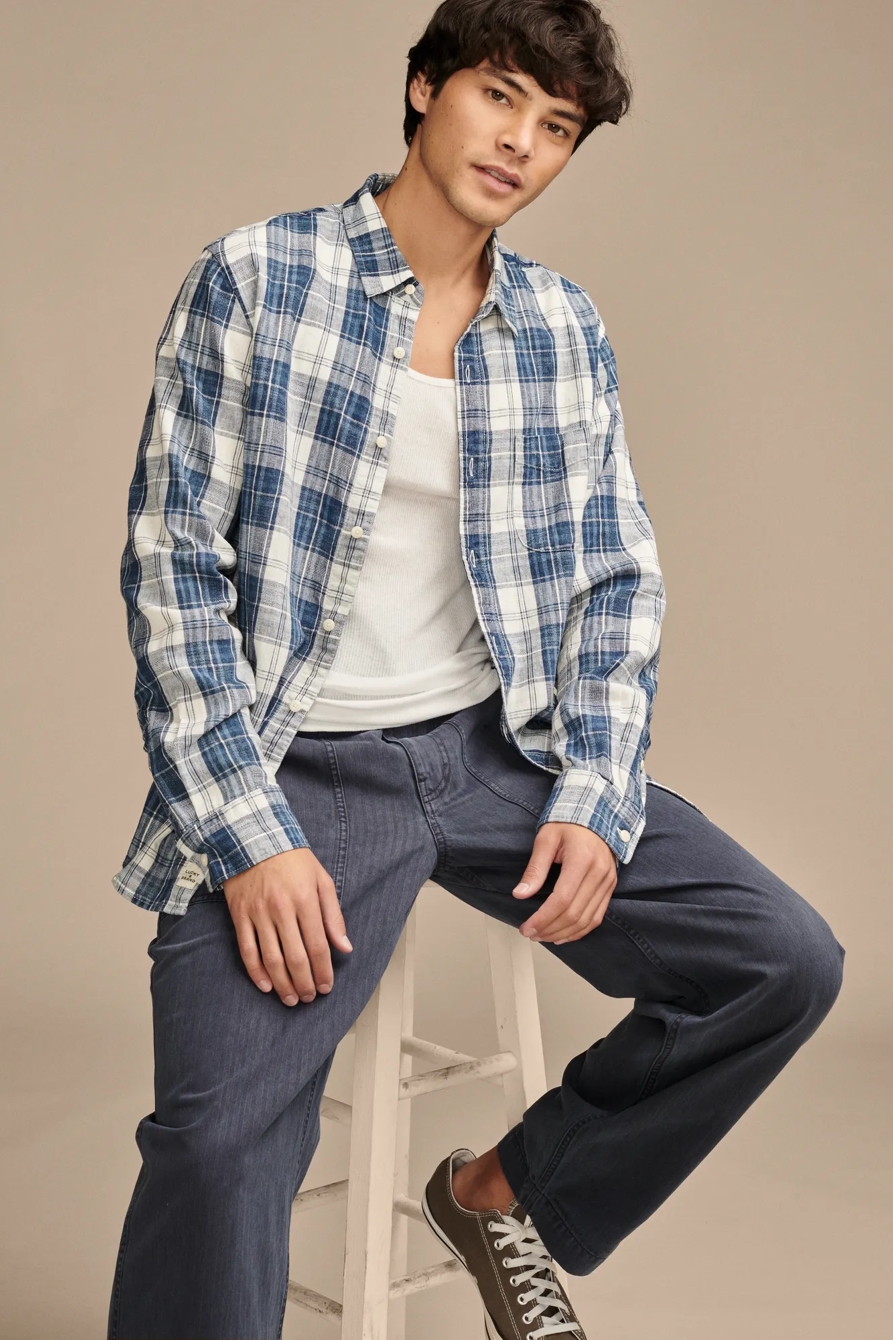 INDIGO LINEN PLAID ONE POCKET LONG SLEEVE SHIRT, image 2