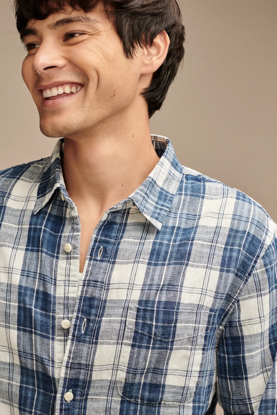 INDIGO LINEN PLAID ONE POCKET LONG SLEEVE SHIRT, image 4