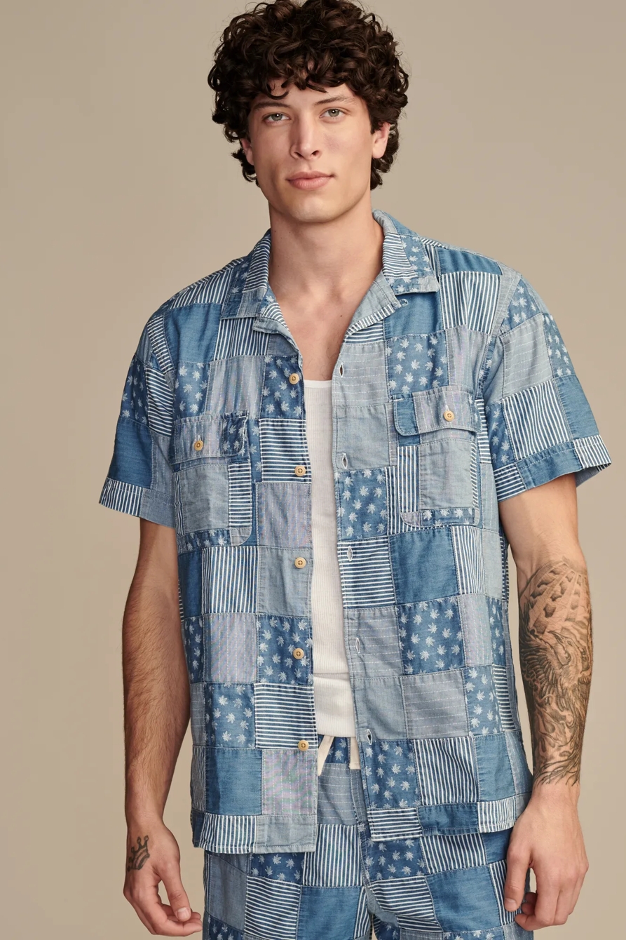 HIGHEST QUALITY LAZER LEAF INDIGO CAMP COLLAR SHORT SLEEVE *, image 1