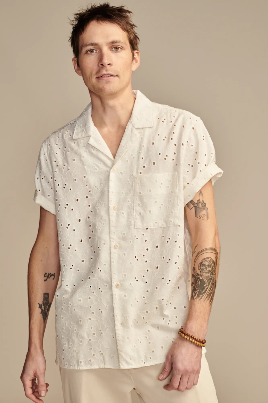 EMBROIDERED EYELET SHORT SLEEVE CAMP COLLAR SHIRT, image 1