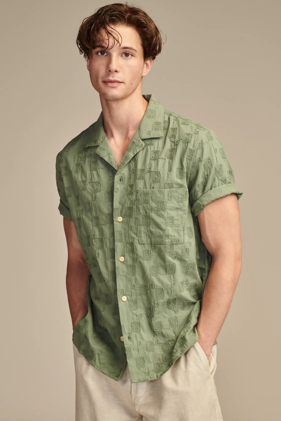 EMBROIDERED CAMP COLLAR TEXTURED SHORT SLEEVE SHIRT, image 1