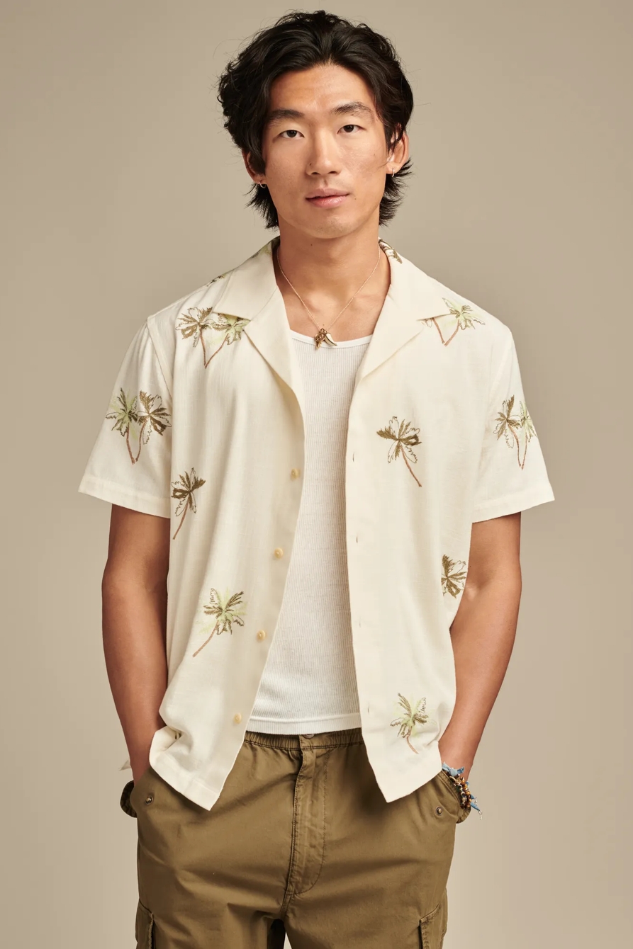 PALM TREE EMBROIDERED SHORT SLEEVE CAMP COLLAR SHIRT, image 1