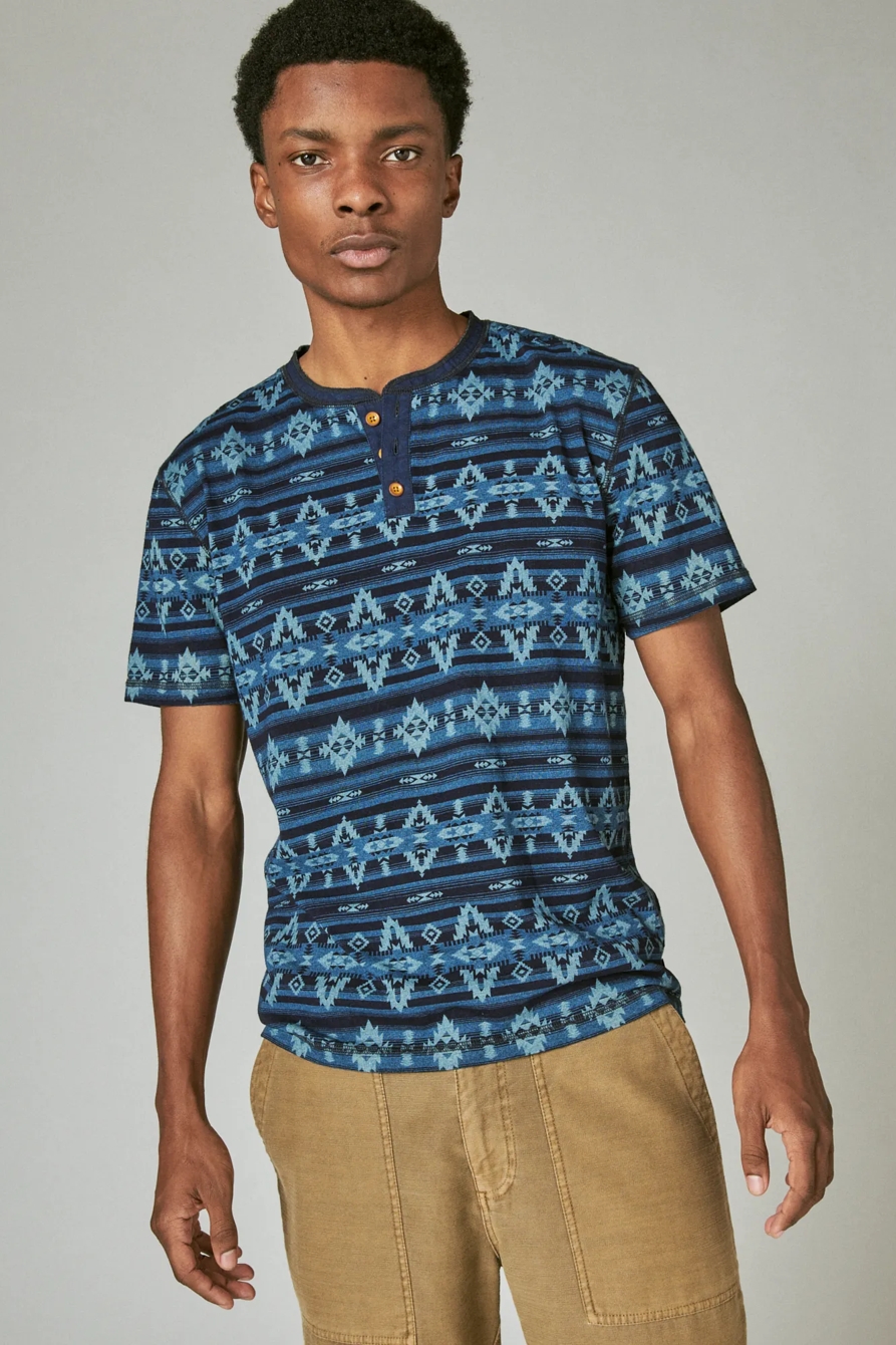 INDIGO JERSEY AZETC PRINT SHORT SLEEVE HENLEY, image 1
