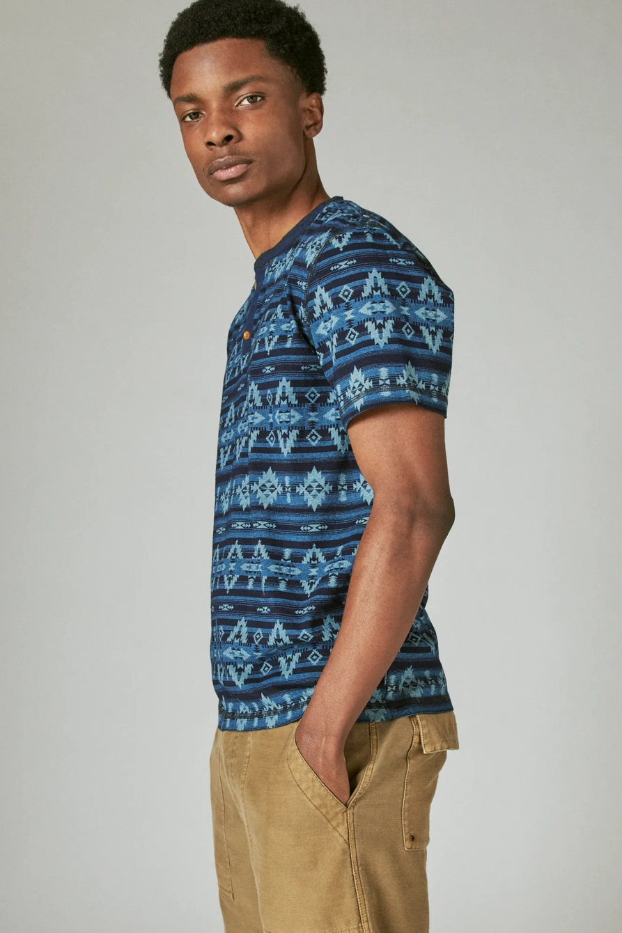 INDIGO JERSEY AZETC PRINT SHORT SLEEVE HENLEY, image 3