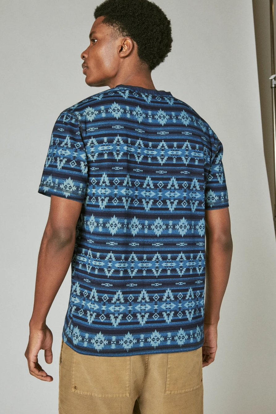 INDIGO JERSEY AZETC PRINT SHORT SLEEVE HENLEY, image 4