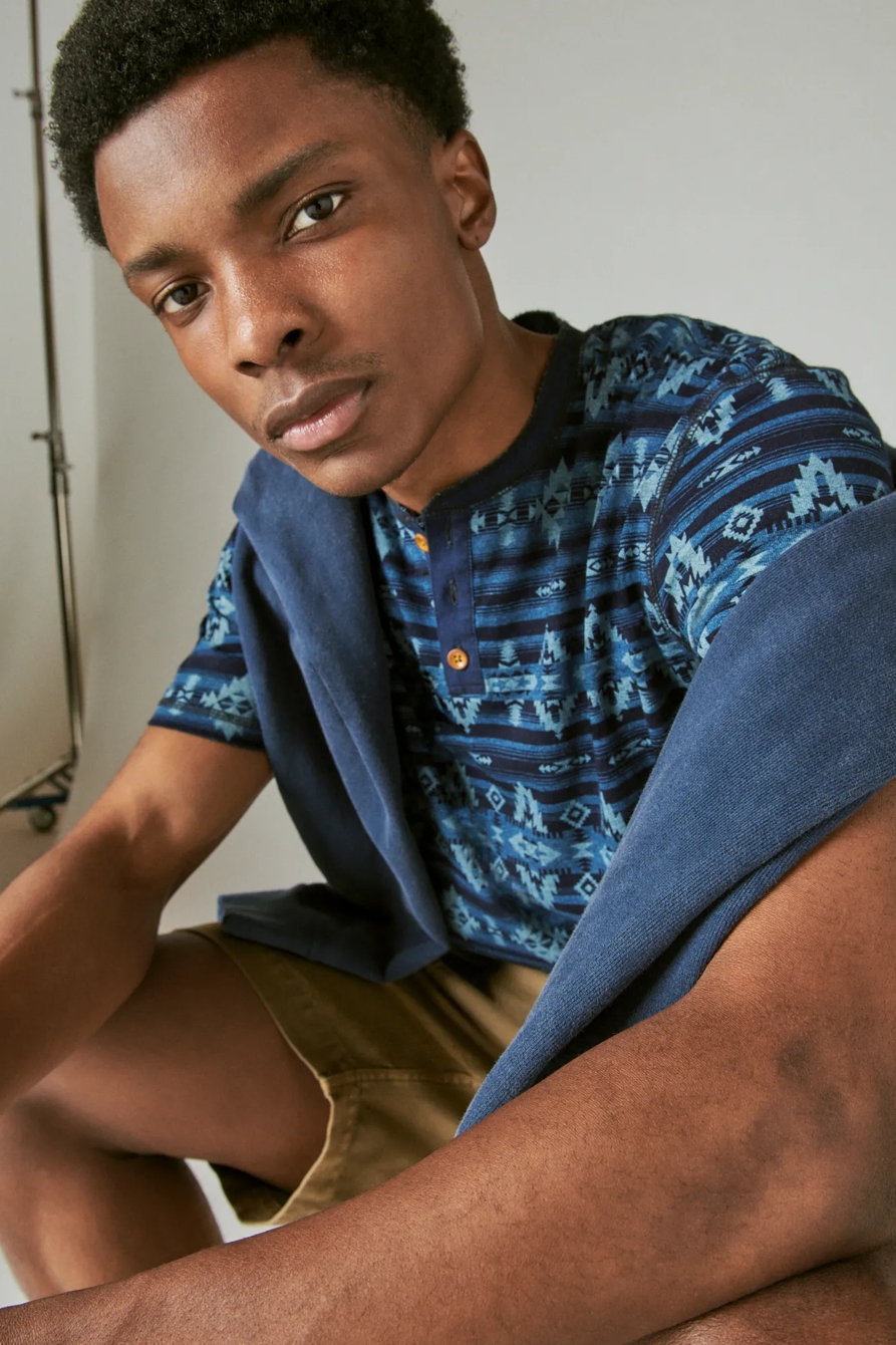 INDIGO JERSEY AZETC PRINT SHORT SLEEVE HENLEY, image 6