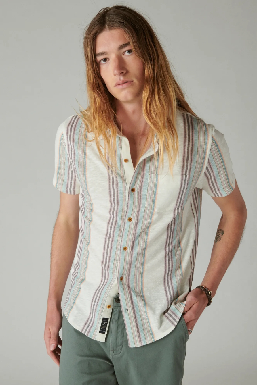 LINEN SHORT SLEEVE MULTI STRIPE BUTTON UP SHIRT, image 1