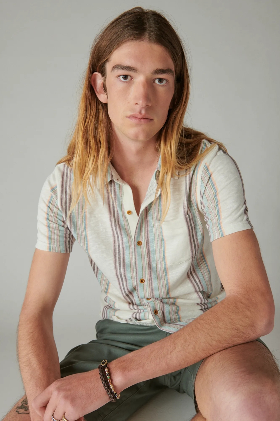 LINEN SHORT SLEEVE MULTI STRIPE BUTTON UP SHIRT, image 2