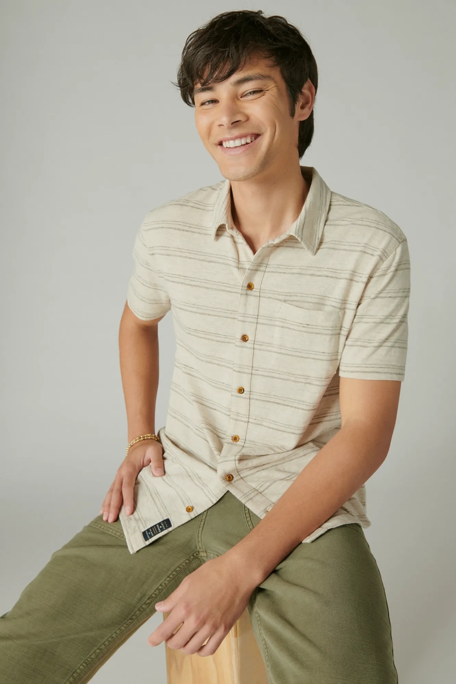 LINEN SHORT SLEEVE STRIPE BUTTON UP SHIRT, image 1