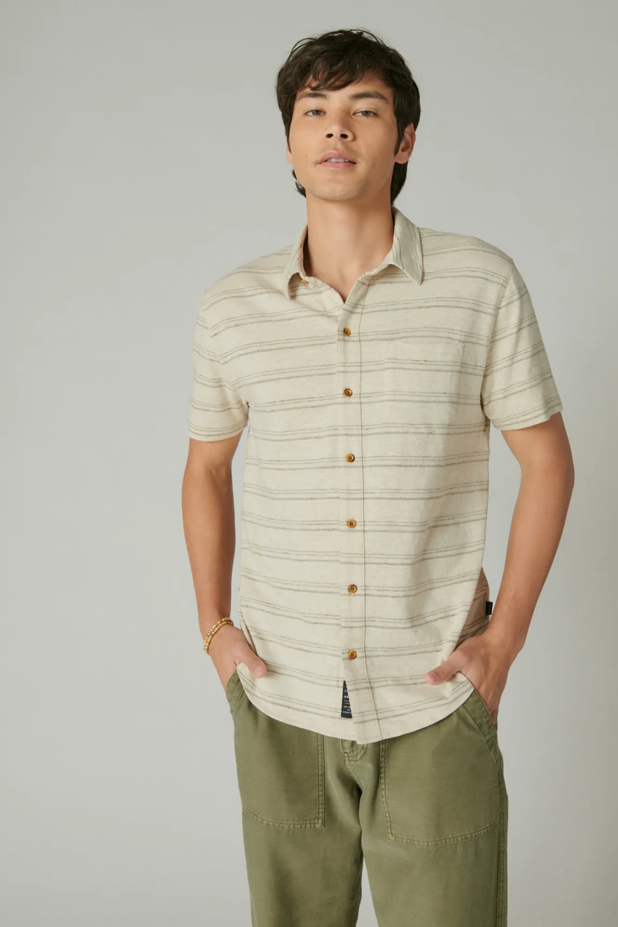 LINEN SHORT SLEEVE STRIPE BUTTON UP SHIRT, image 3