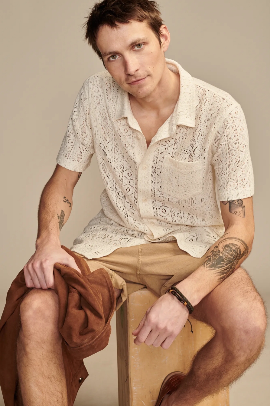 JACQUARD KNIT BUTTON DOWN SHORT SLEEVE SHIRT, image 2