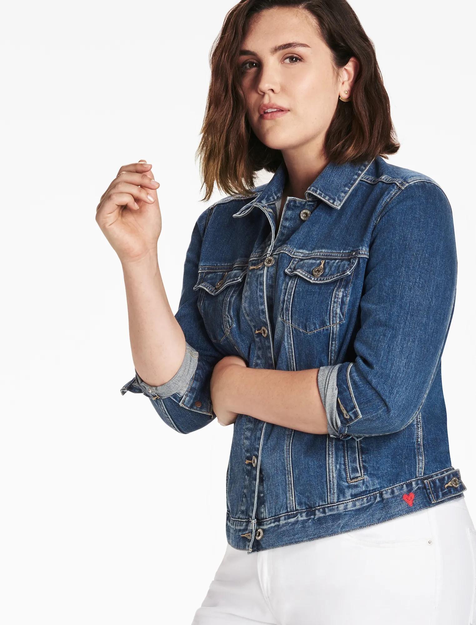 PLUS SIZE DENIM TRUCKER JACKET IN TANOAK, image 1