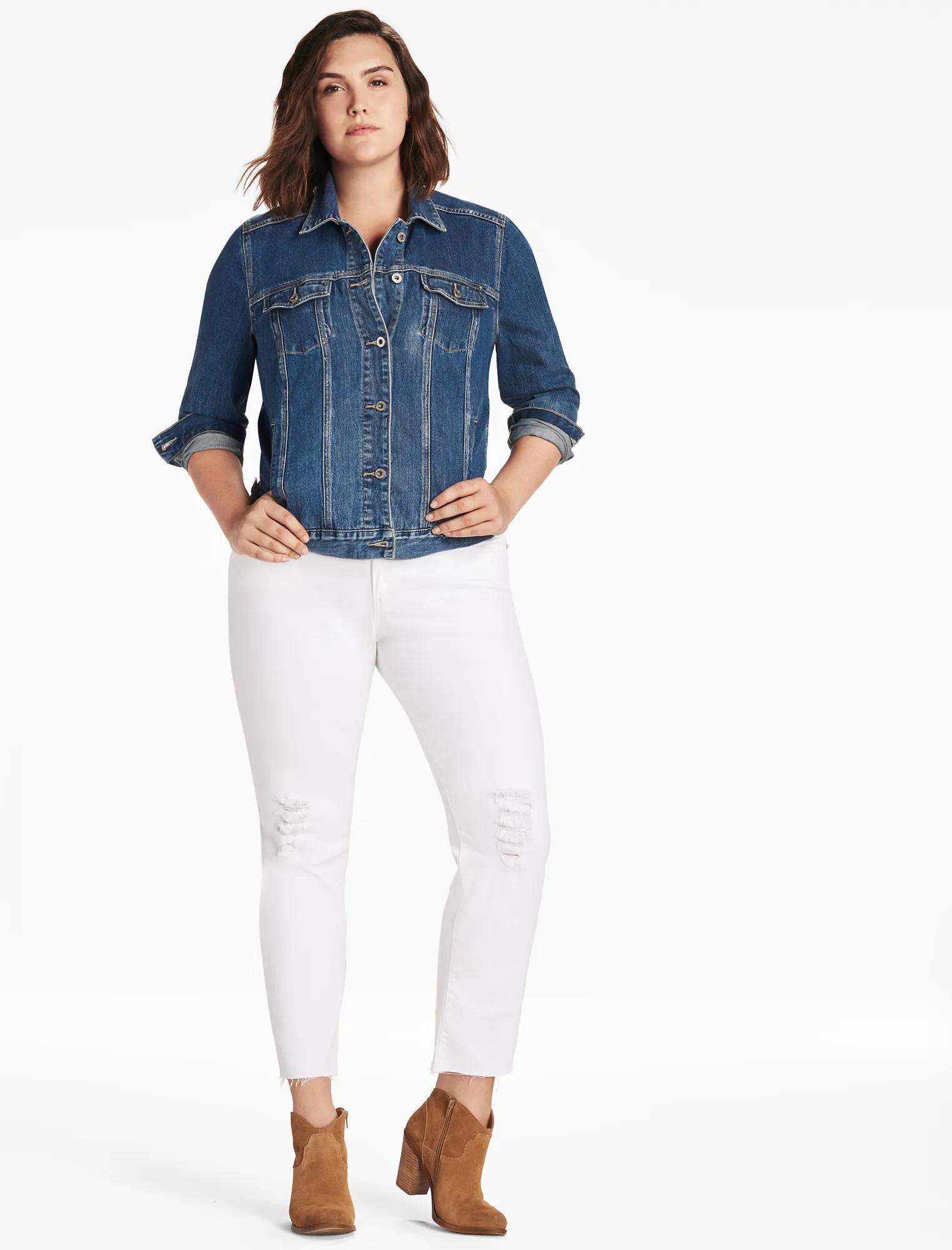 PLUS SIZE DENIM TRUCKER JACKET IN TANOAK, image 2