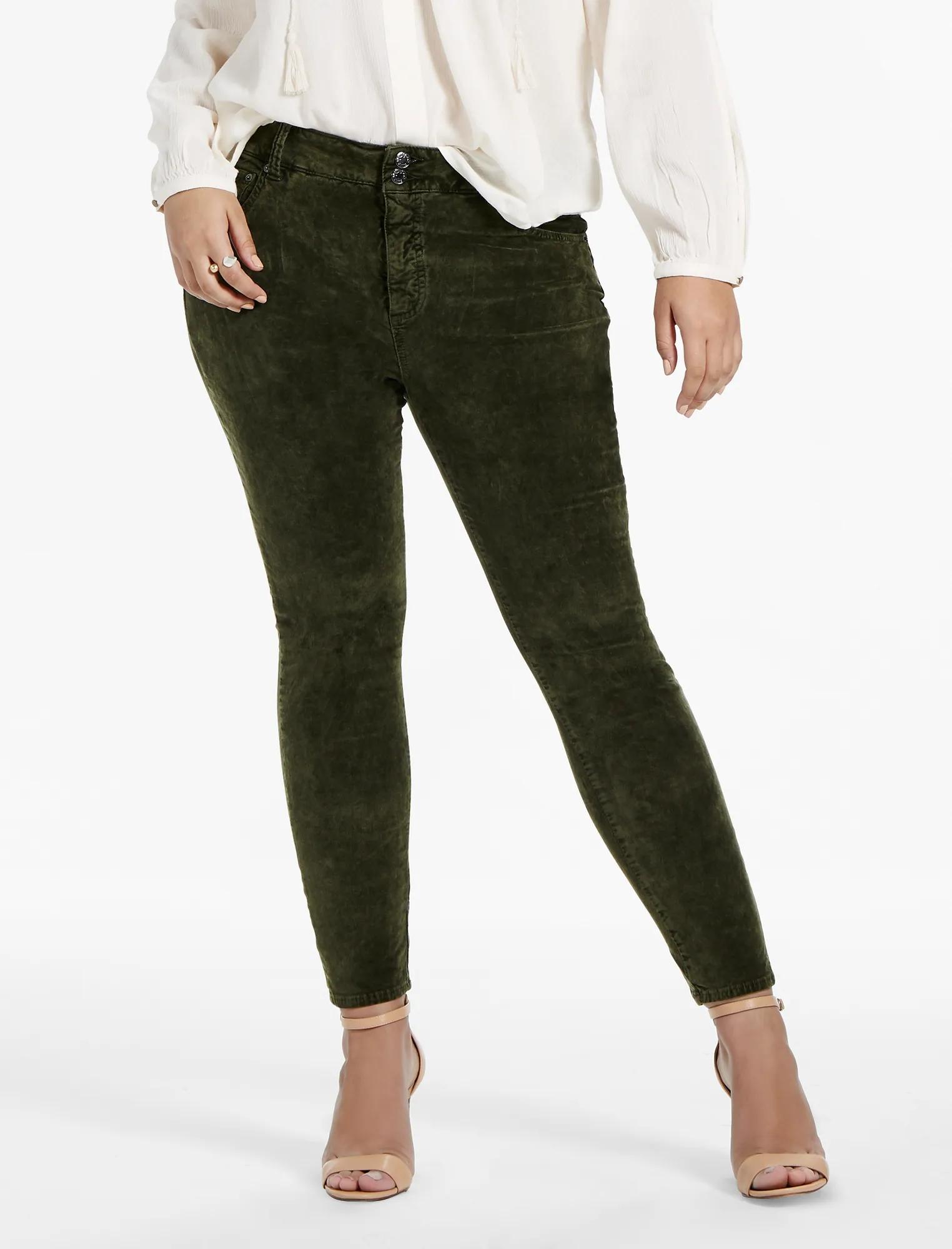 PLUS SIZE EMMA SUPER SKINNY JEAN IN GREEN VELVET, image 1