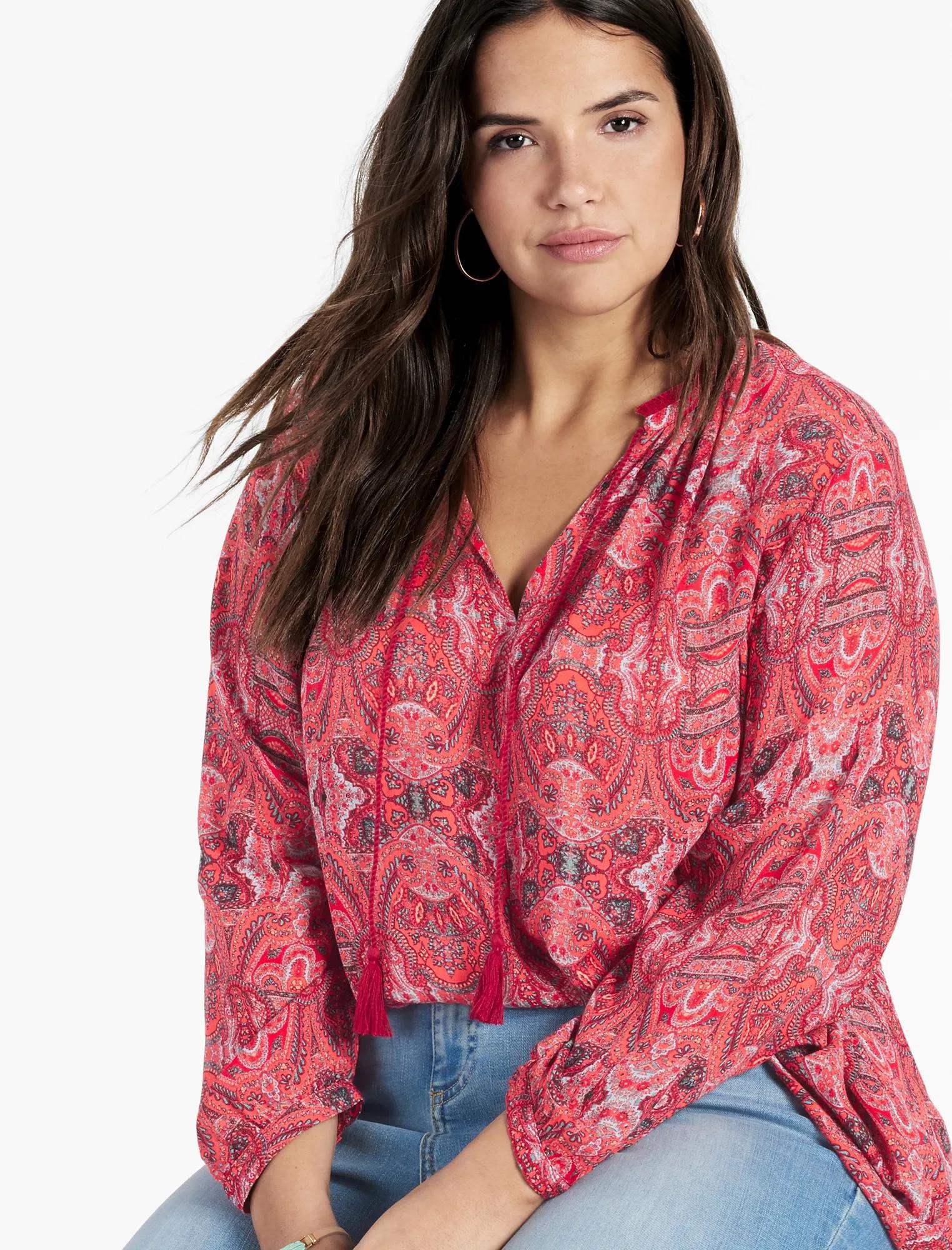 PAISLEY FRINGE NECK BLOUSE, image 1
