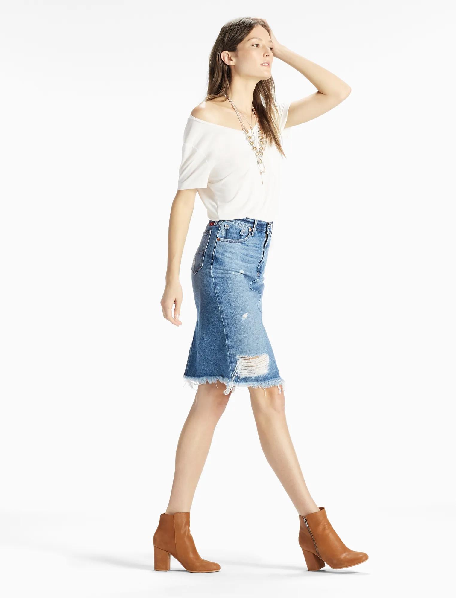 DENIM PENCIL SKIRT WITH DESTRUCTION, image 2