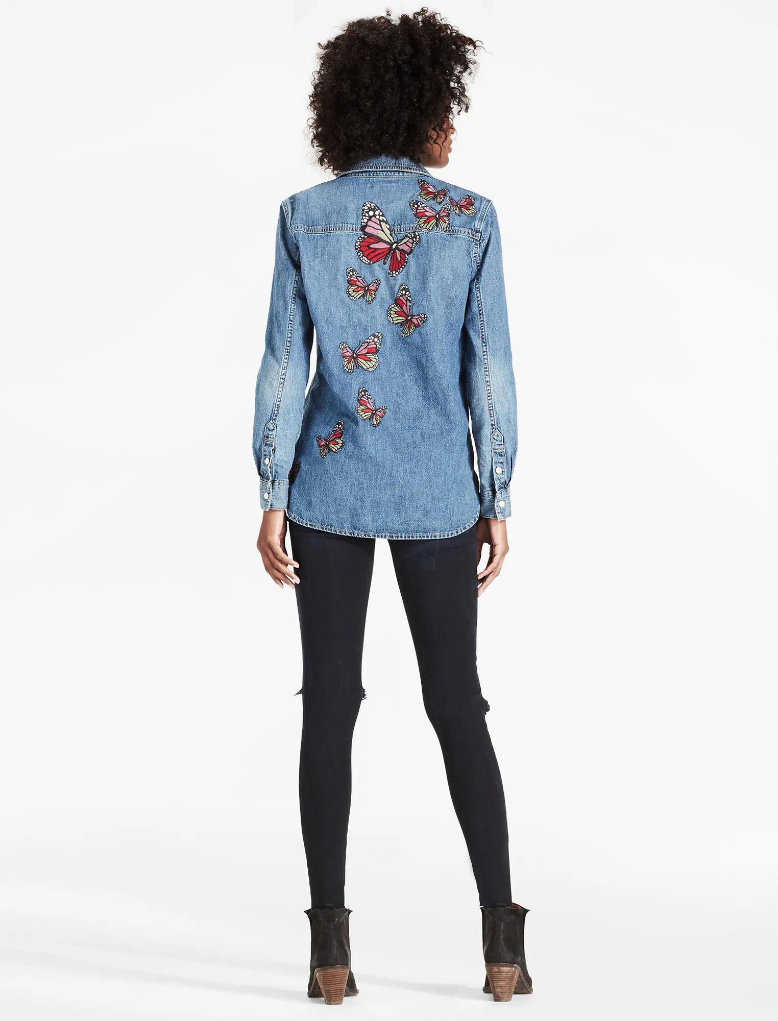 DENIM BOYFRIEND SHIRT WITH BUTTERFLY EMBROIDERY, image 2