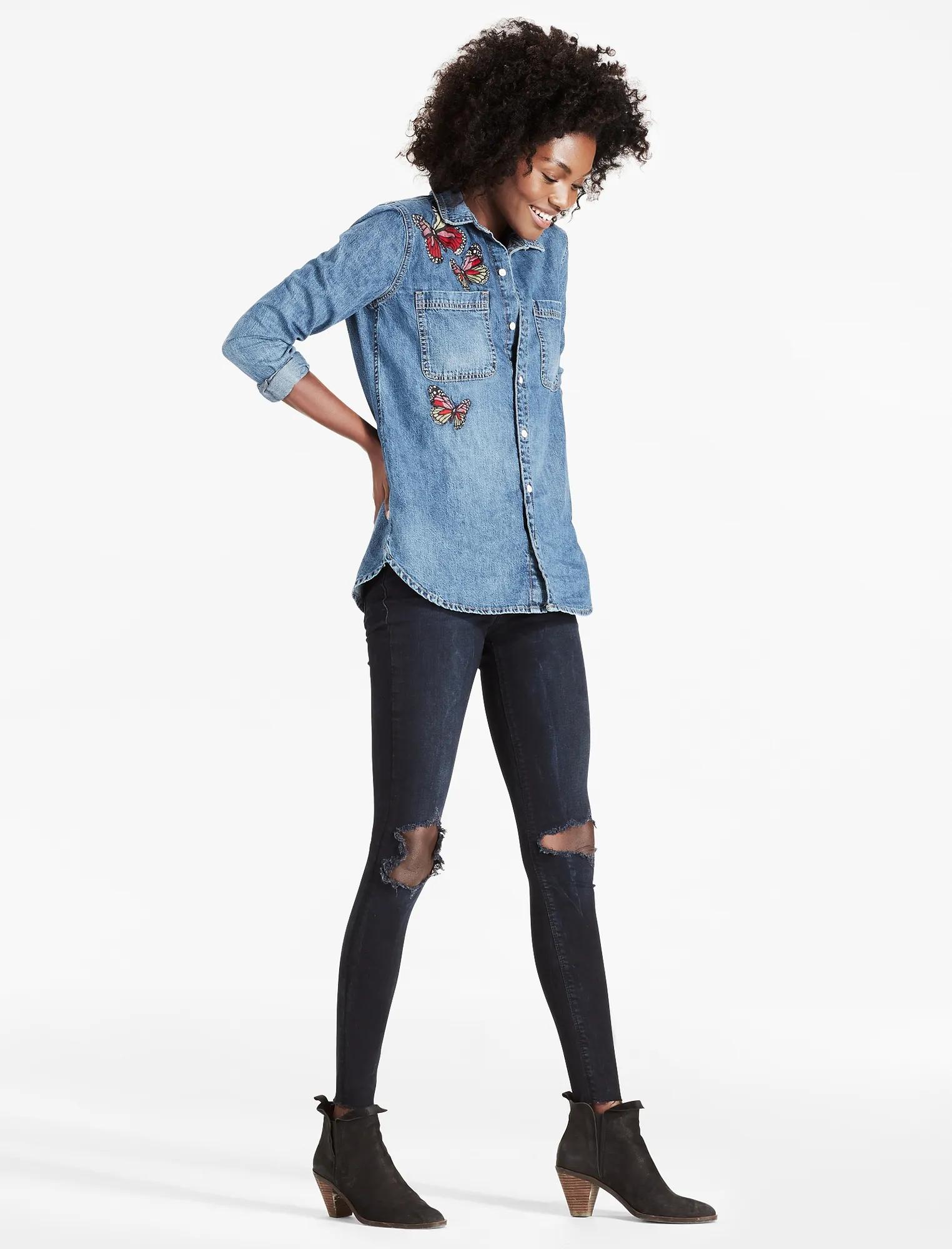 DENIM BOYFRIEND SHIRT WITH BUTTERFLY EMBROIDERY, image 3