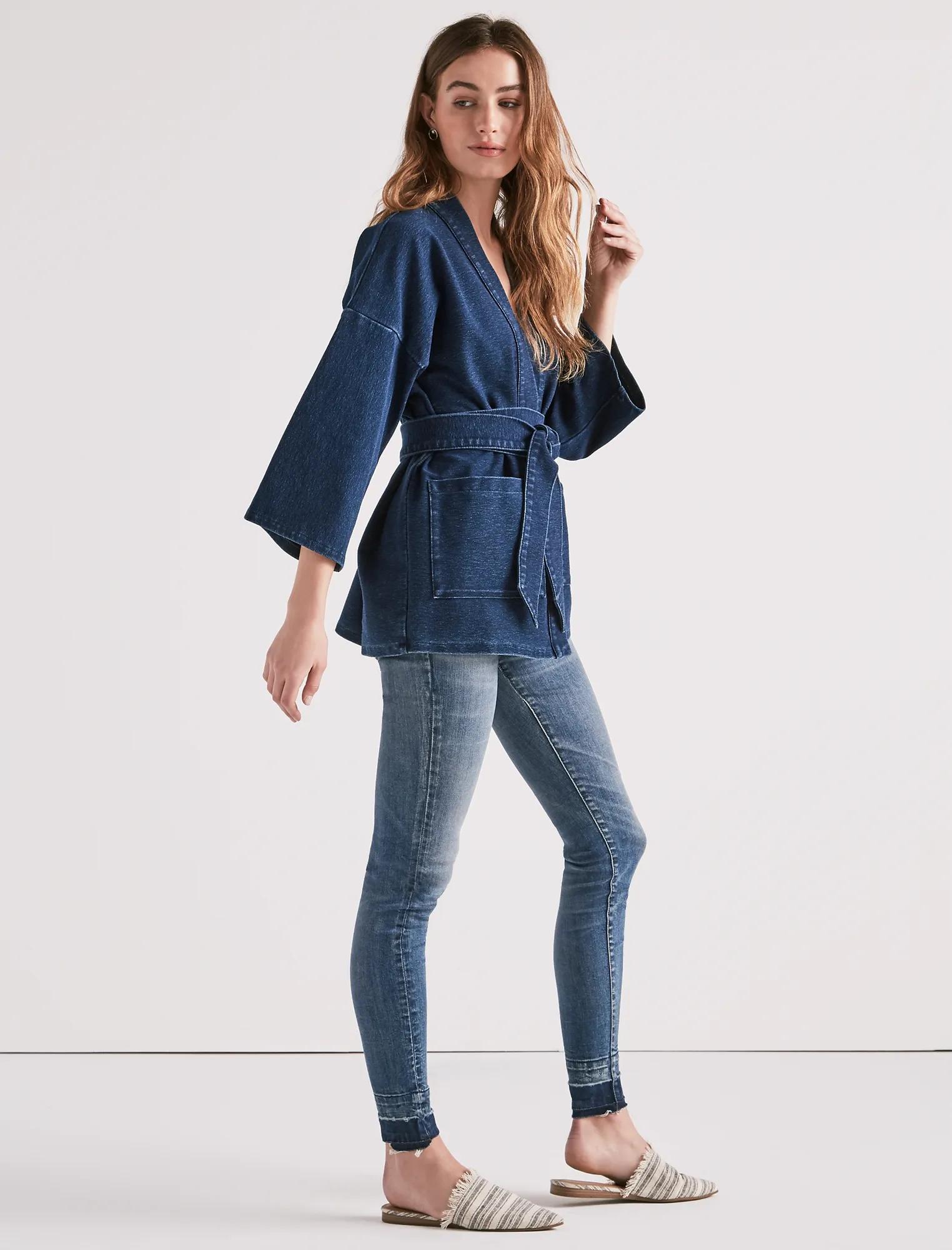 DARK KNIT DENIM KIMONO WRAP JACKET, image 2