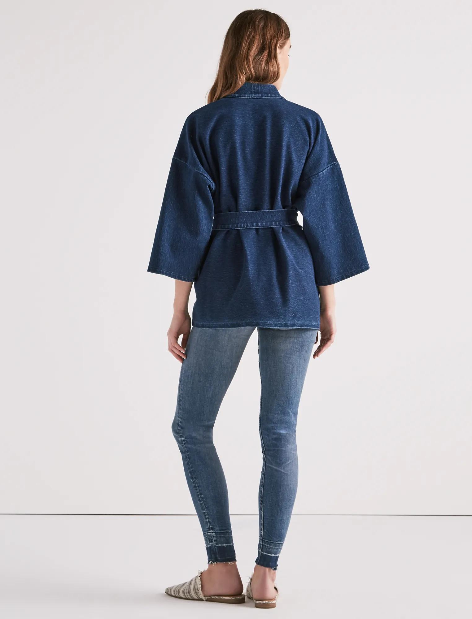 DARK KNIT DENIM KIMONO WRAP JACKET, image 3