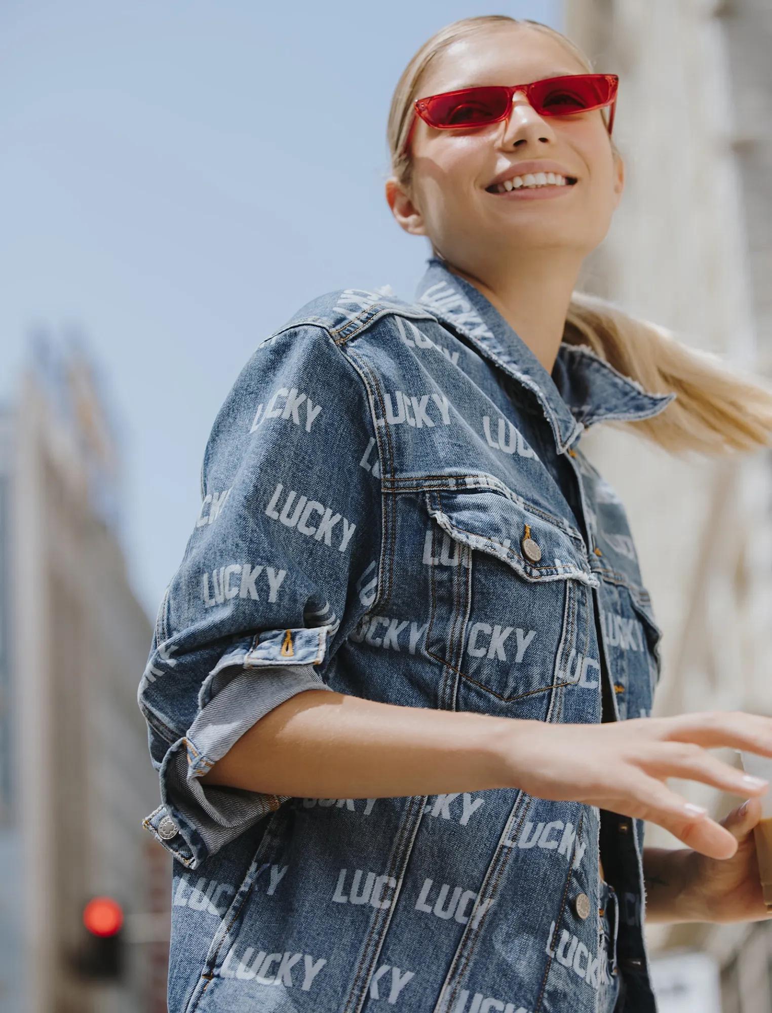 Totally Lucky Allover Printed Boyfriend Trucker Jacket, image 4