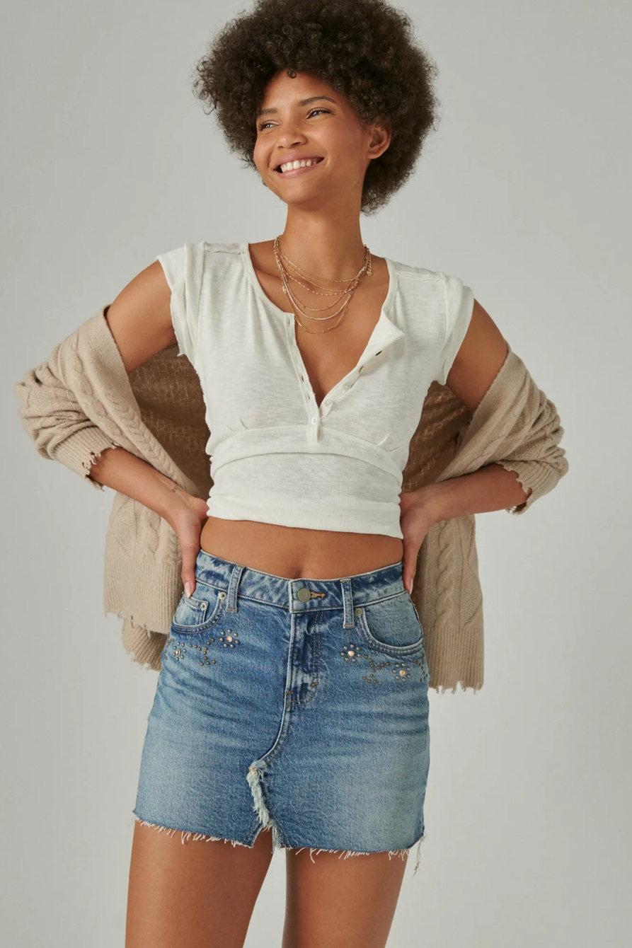 YELLOW STONE EMBELLISHED DENIM MINI SKIRT, image 2