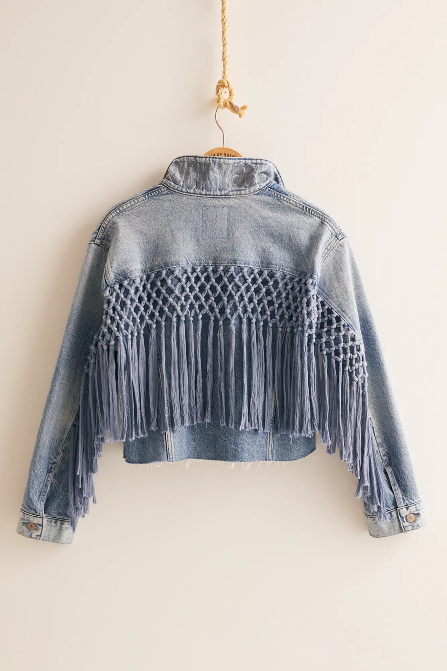 Women's Raw Edge Cropped Denim Fringe Jacket, image 1